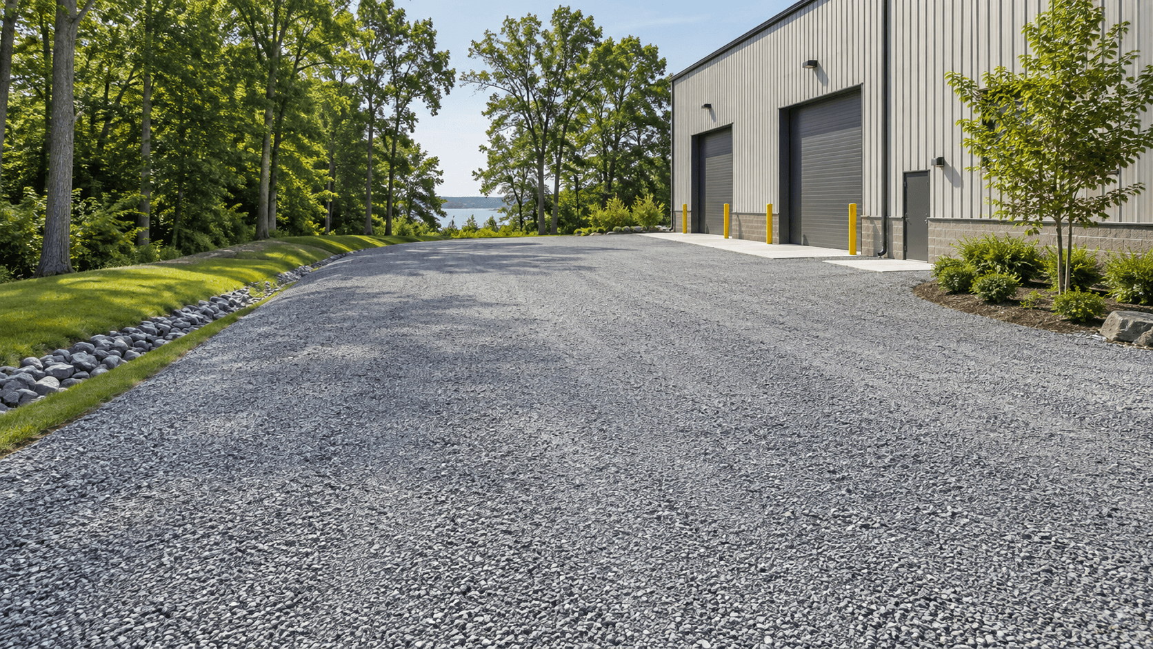Graded gravel access drive beside a commercial building